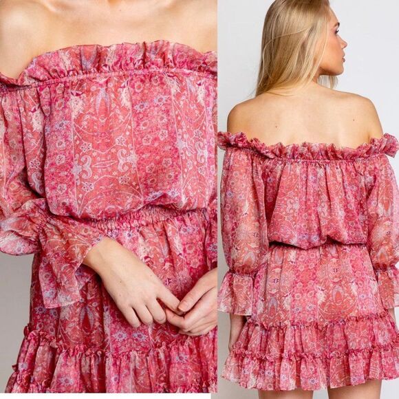 MISA Los Angeles Danae Dress Washed Rose Lilac Floral Off The Shoulder Mini - Picture 2 of 13